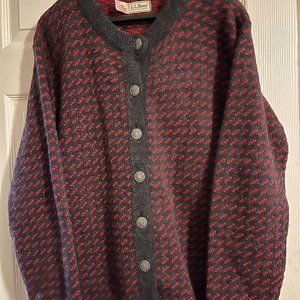 LL Bean cardigan sweater, red and gray